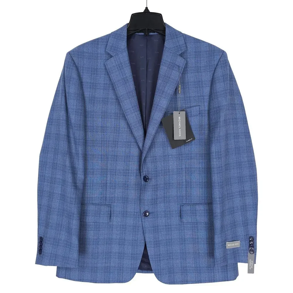 Michael Kors Mens Classic Fit 2 Piece Suit 42R 38x30 Blue Plaid Stretch Wool NWT